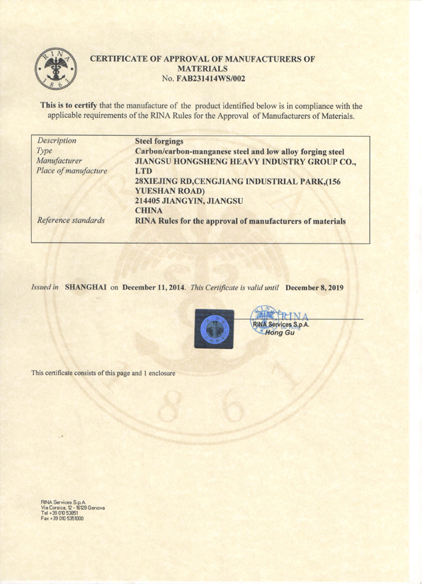 RINA Steel Forgings Certificate